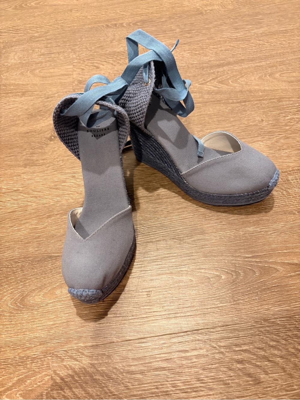 Sezane Grey Canvas Wedge Espadrilles with Blue Ankle Ties